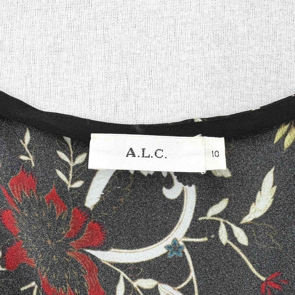 A.L.C. Purcell Floral Tank Top 10 Black Silk V Neck Sleeveless Ruffle Blouse - Picture 10 of 15